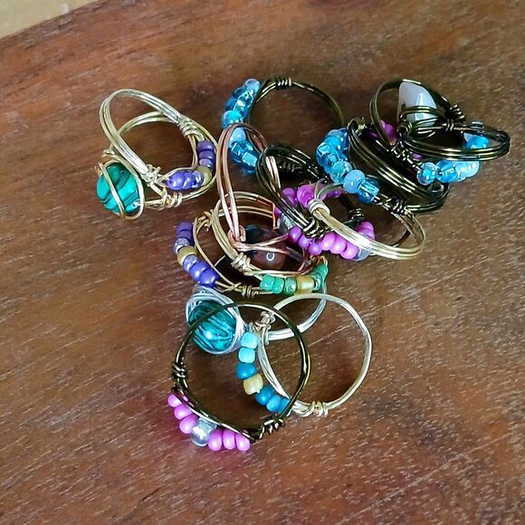 16 Piece Wire Wrapped Rings, Handmade Rings, Beaded Rings, Assorted - Picture 2 of 3